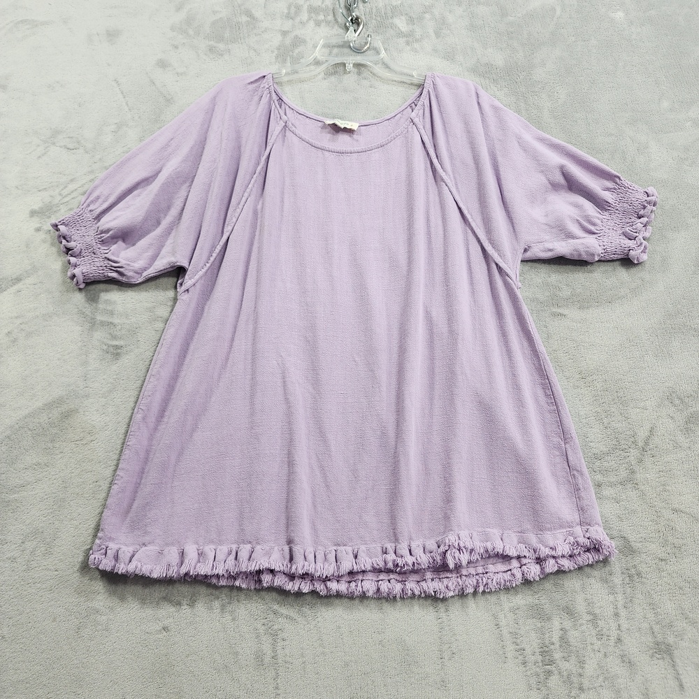 Umgee Top Womens XL Purple Linen Cotton Fringe Hem Raglan Short Sleeve Tunic